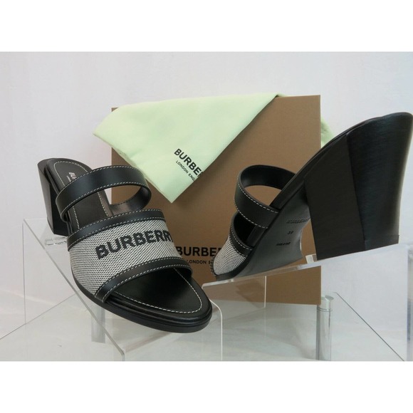 NIB BURBERRY HONOUR BLACK LEATHER LOGO SLIDE SANDALS MULE PUMPS 37 ITALY $690 - Picture 5 of 12